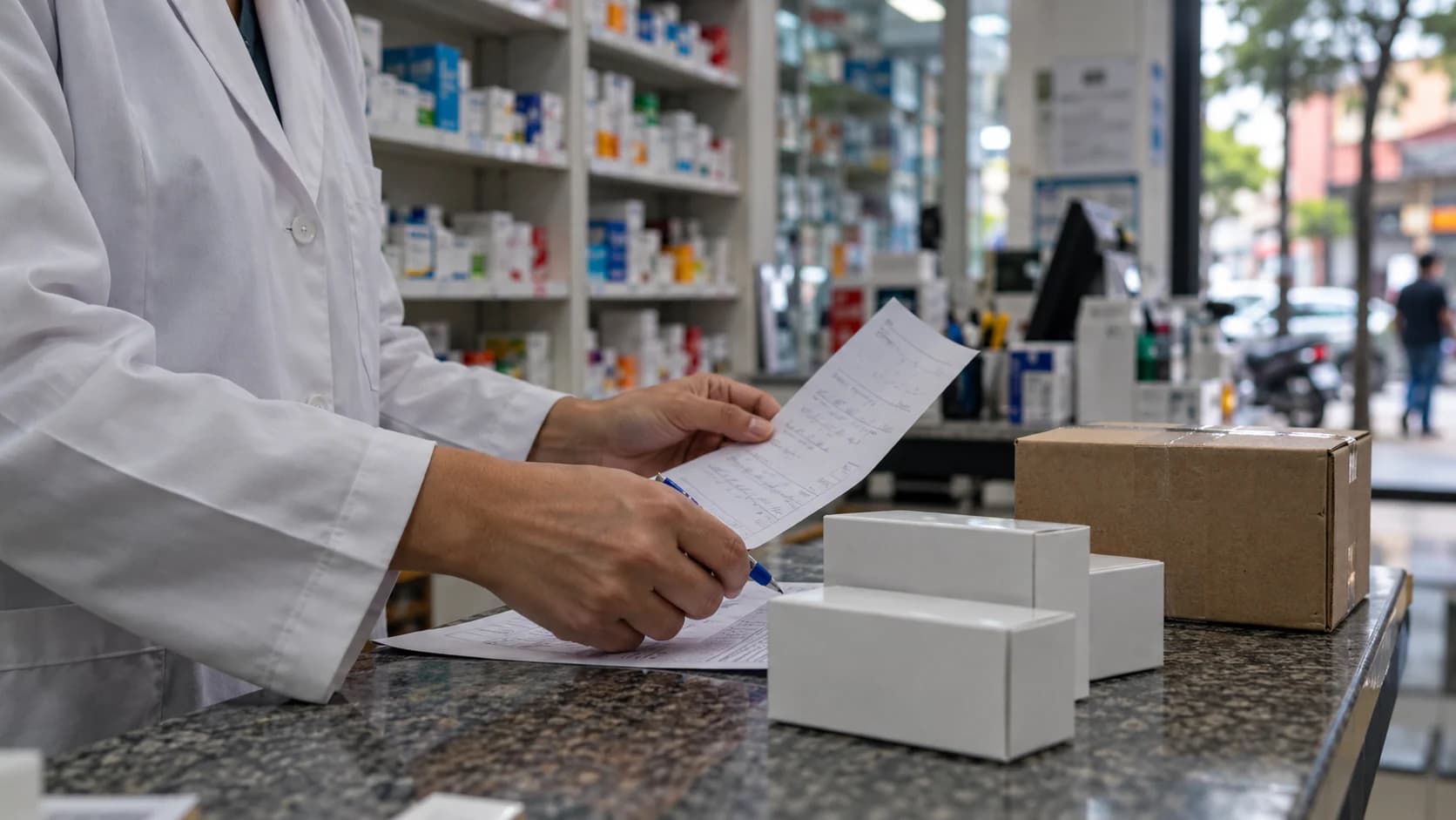 Farmacêutica confere uma receita médica no balcão de uma farmácia, ao lado de caixas de remédio e de uma caixa de entrega lacrada.