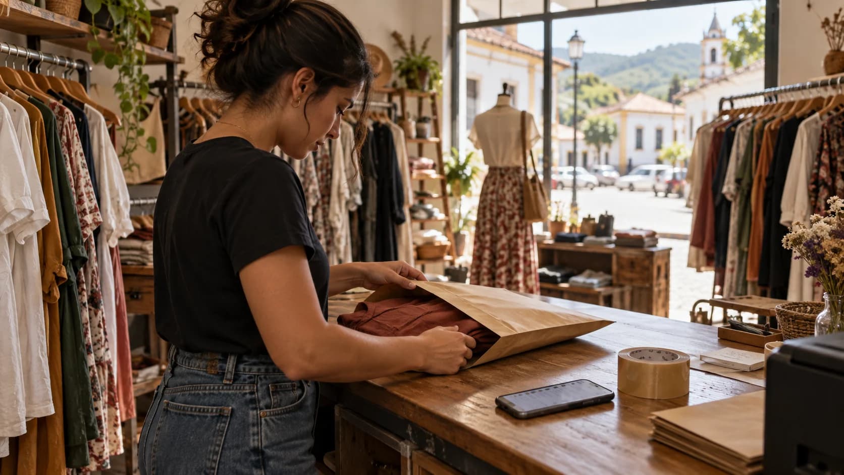 Lojista embala um pedido feito pela internet no balcão de uma loja de roupas.