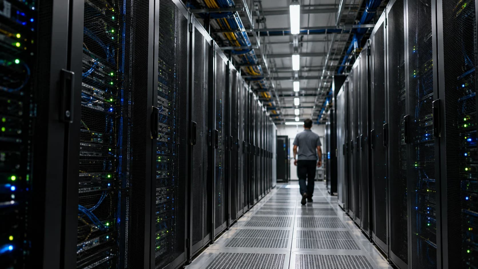 Corredor de um data center com fileiras de servidores e um técnico ao fundo.