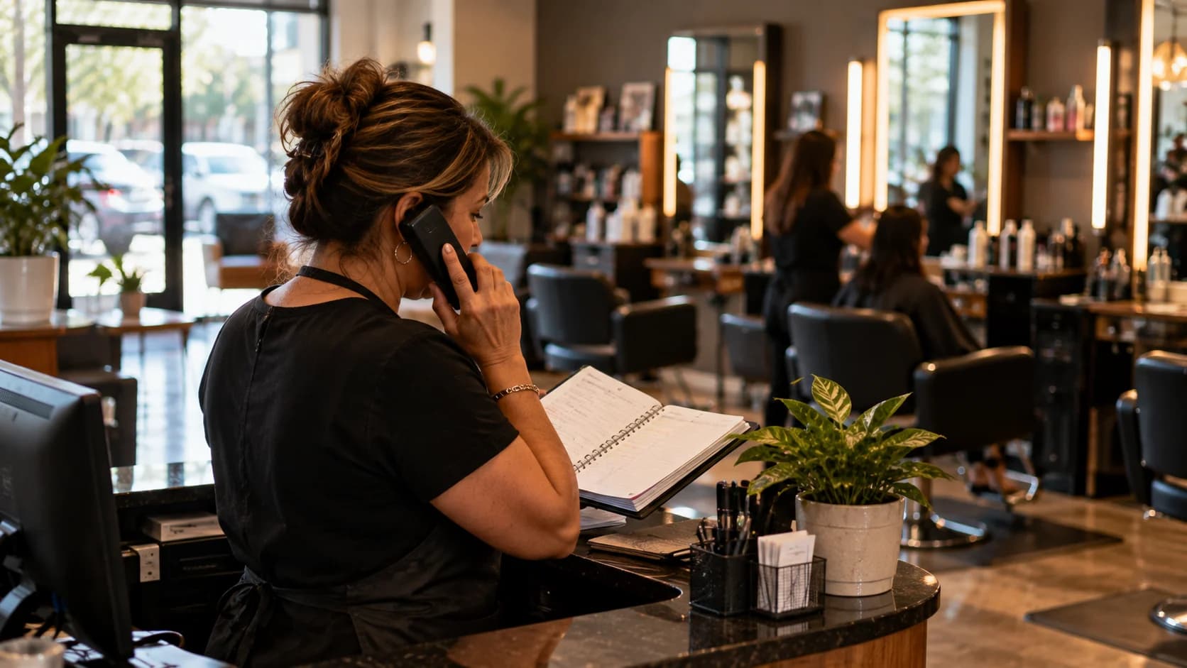 Dona de um salão de beleza atende o telefone na recepção, com a agenda de papel aberta.