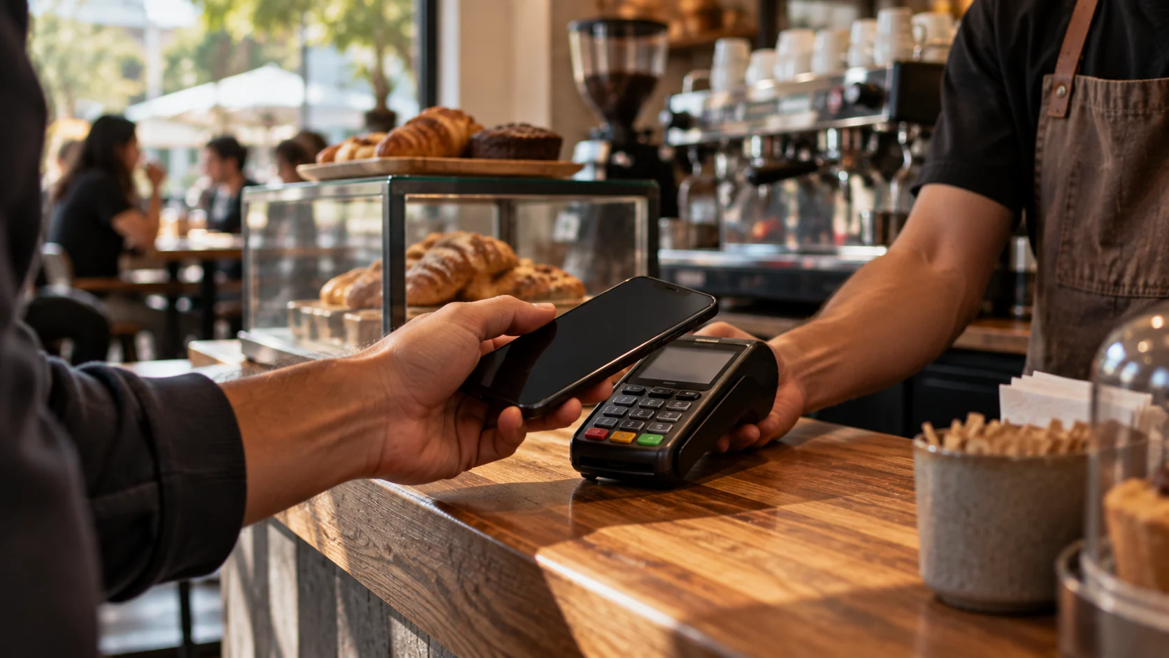 Cliente aproxima o celular de uma maquininha para pagar por aproximação no balcão de um café.