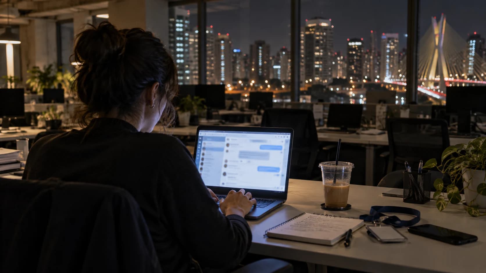 Funcionária usa um chat no notebook à noite, num escritório quase vazio com vista para a cidade.