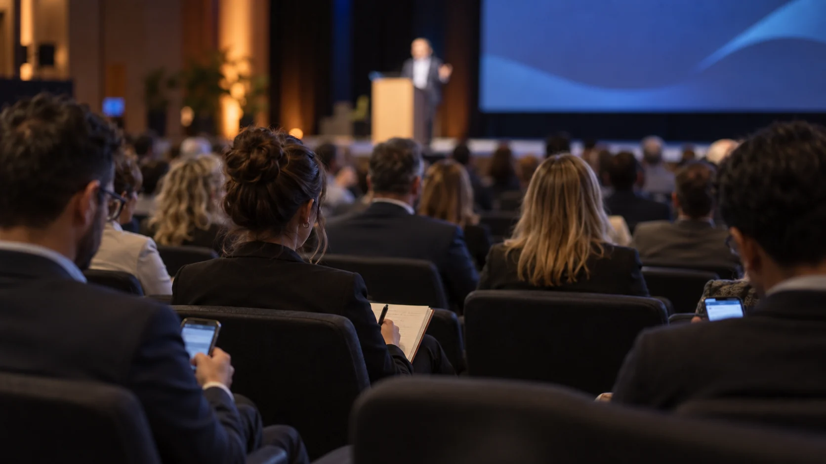 Plateia de empresários vista de trás durante uma palestra em auditório.