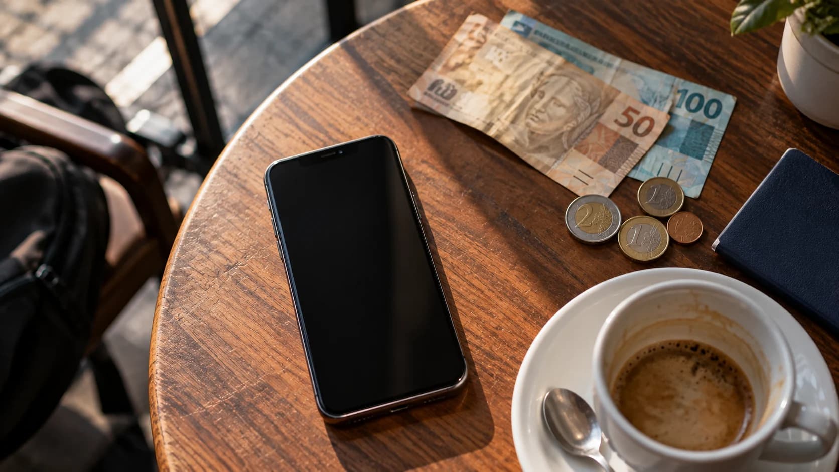 Celular sobre uma mesa de café, ao lado de notas de real, moedas de euro e um passaporte.